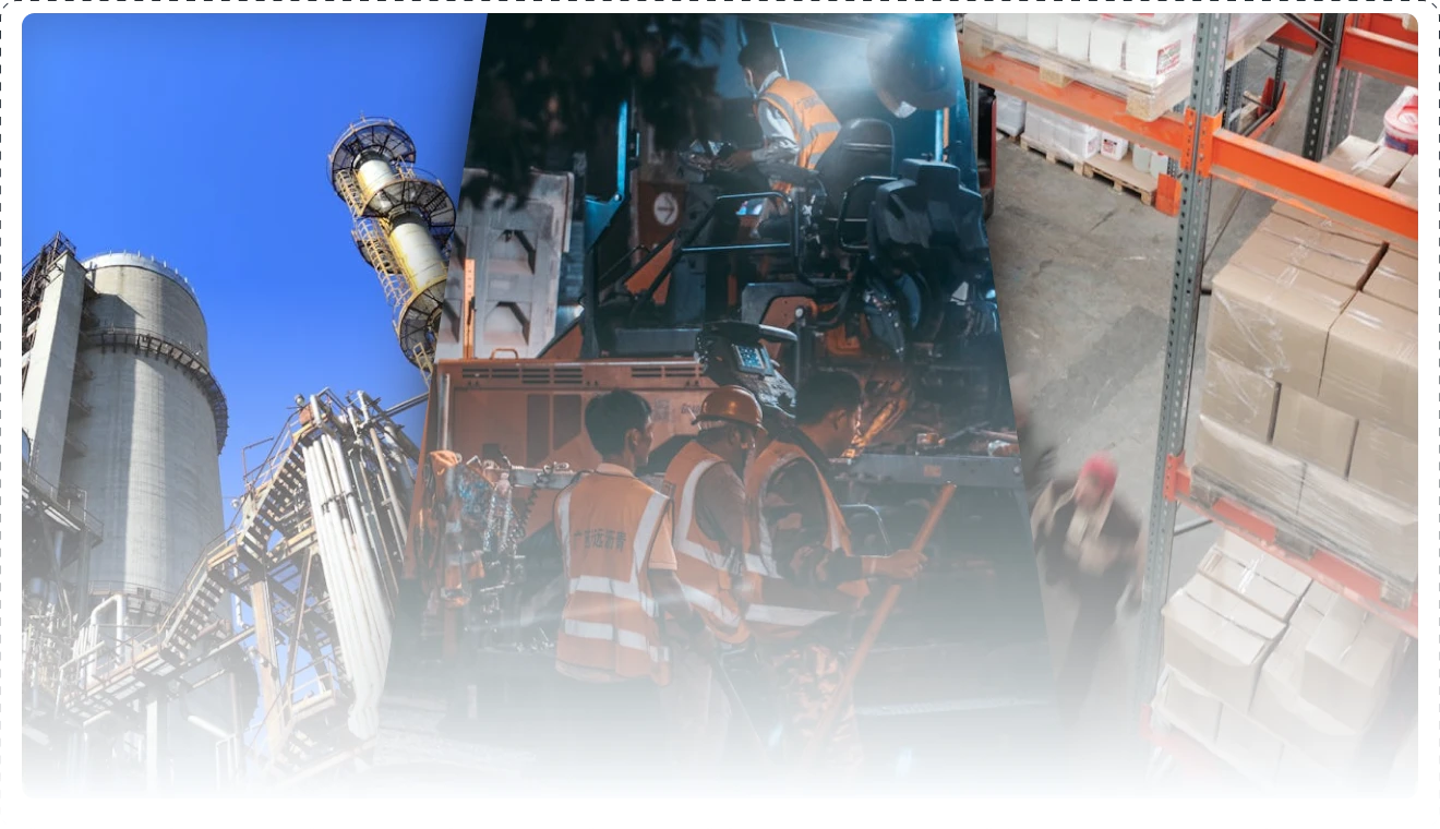 Colagem de imagens mostrando diferentes setores industriais, incluindo uma fábrica de cimento, trabalhadores da construção civil em ação e um depósito logístico