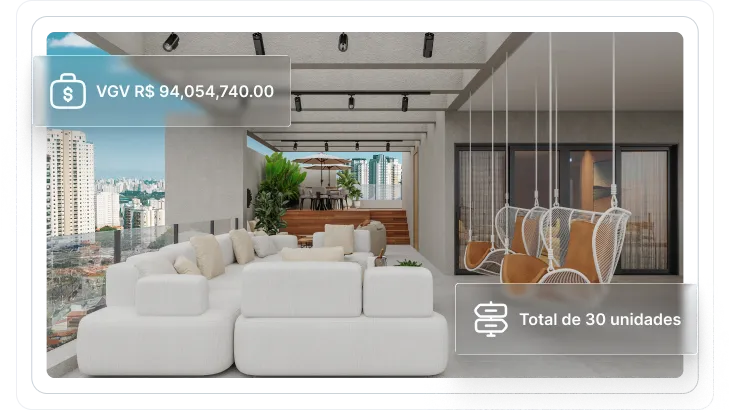 Interior de luxo do empreendimento Design Julia, com sala de estar e área externa moderna, destacando o valor geral de vendas de R$ 94.054.740,00 e 30 unidades