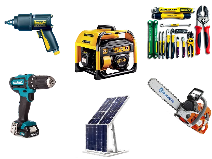 Coleção de ferramentas industriais e equipamentos, incluindo um gerador de energia, painéis solares, motosserra Husqvarna, parafusadeira de impacto, furadeira e um conjunto de ferramentas manuais