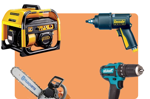 Ferramentas elétricas e a gasolina, incluindo um gerador de energia, uma furadeira, uma parafusadeira de impacto e uma motosserra da marca Husqvarna